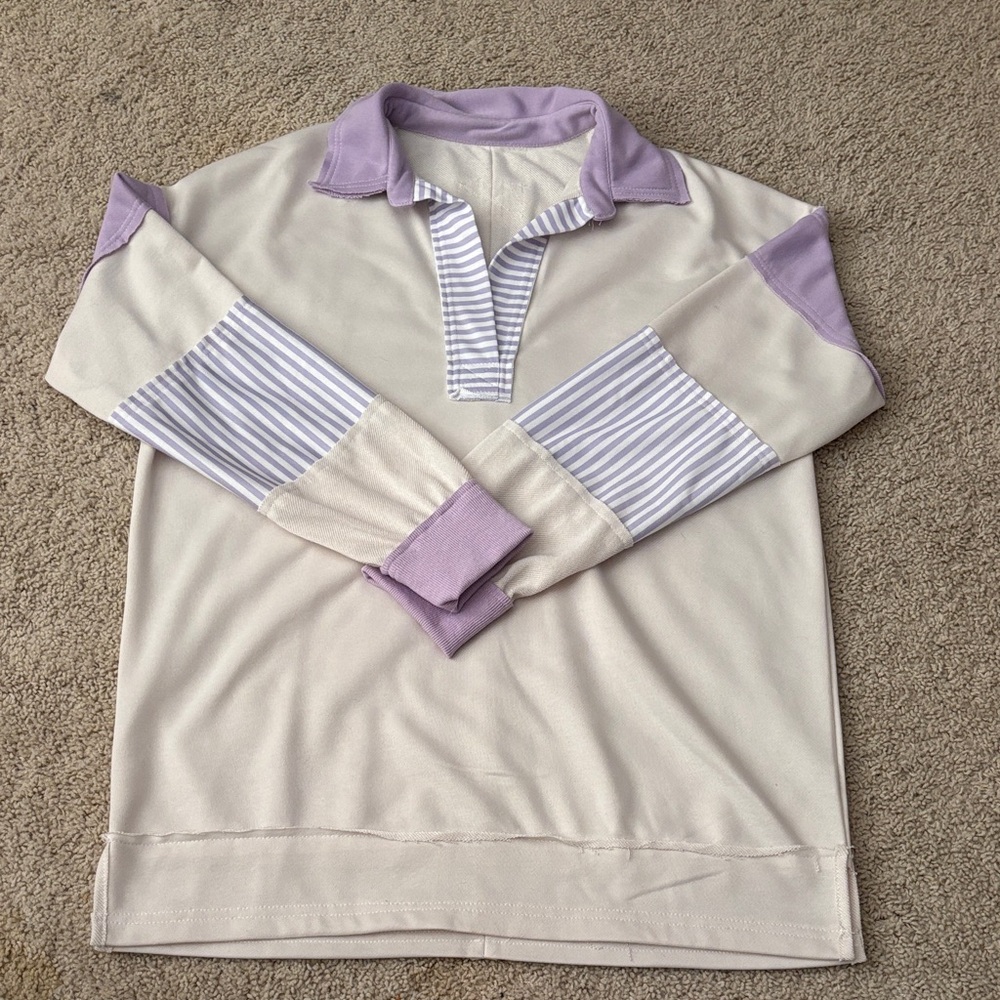 Purple and Cream Long Sleeve Polo Shirt